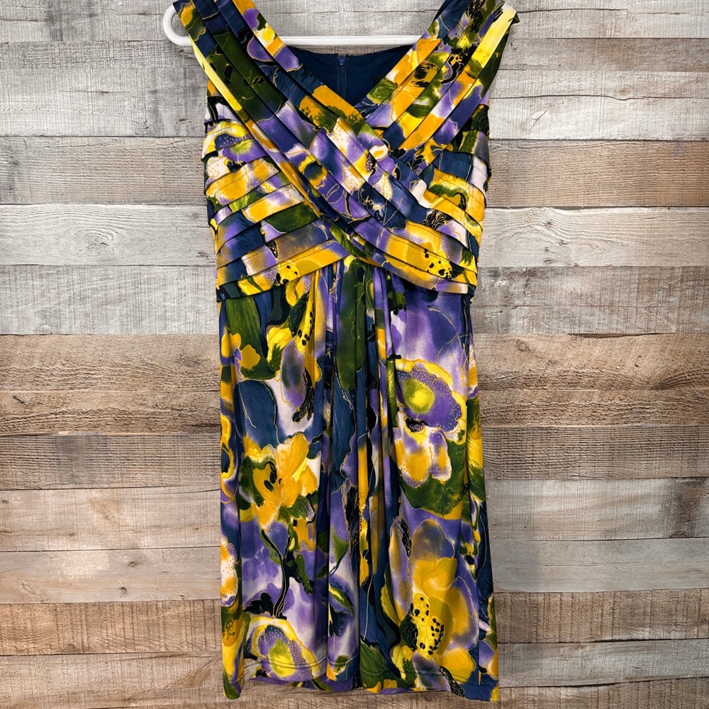 Adrianna Papell Floral Pleated Faux Wrap Dress Purple Yellow Teal Size 10